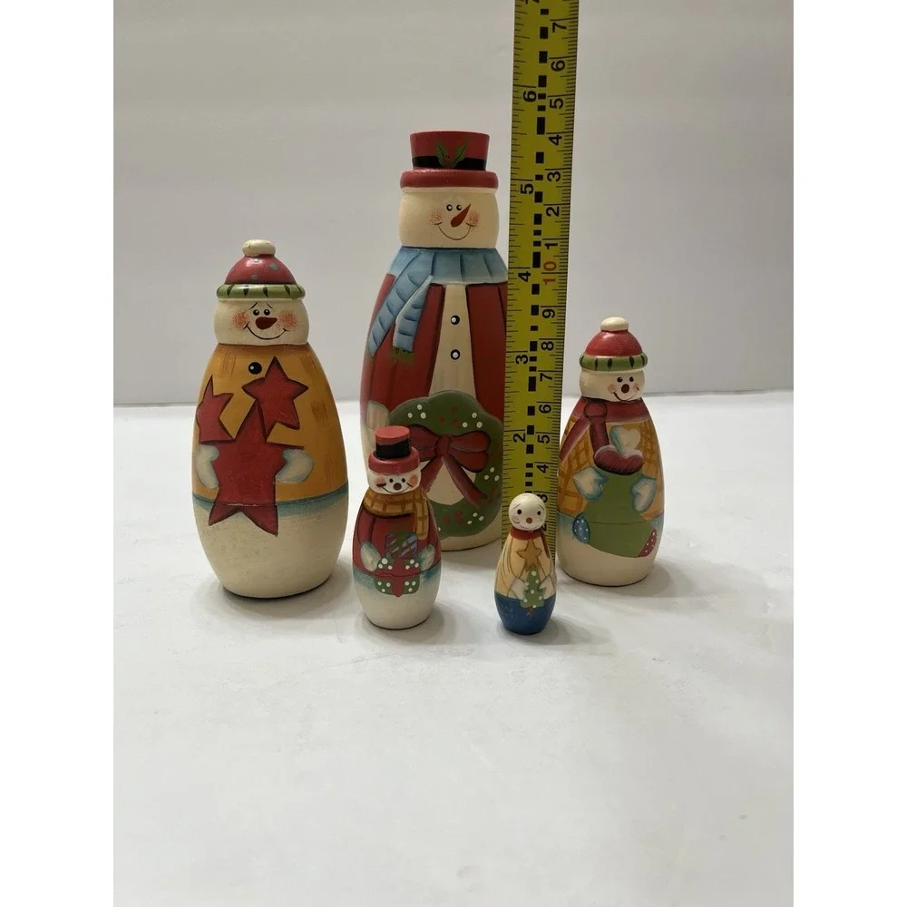 Vtg Nesting Dolls Vintage Wooden Snowman Family Set Of 5 Graduated Sizes
